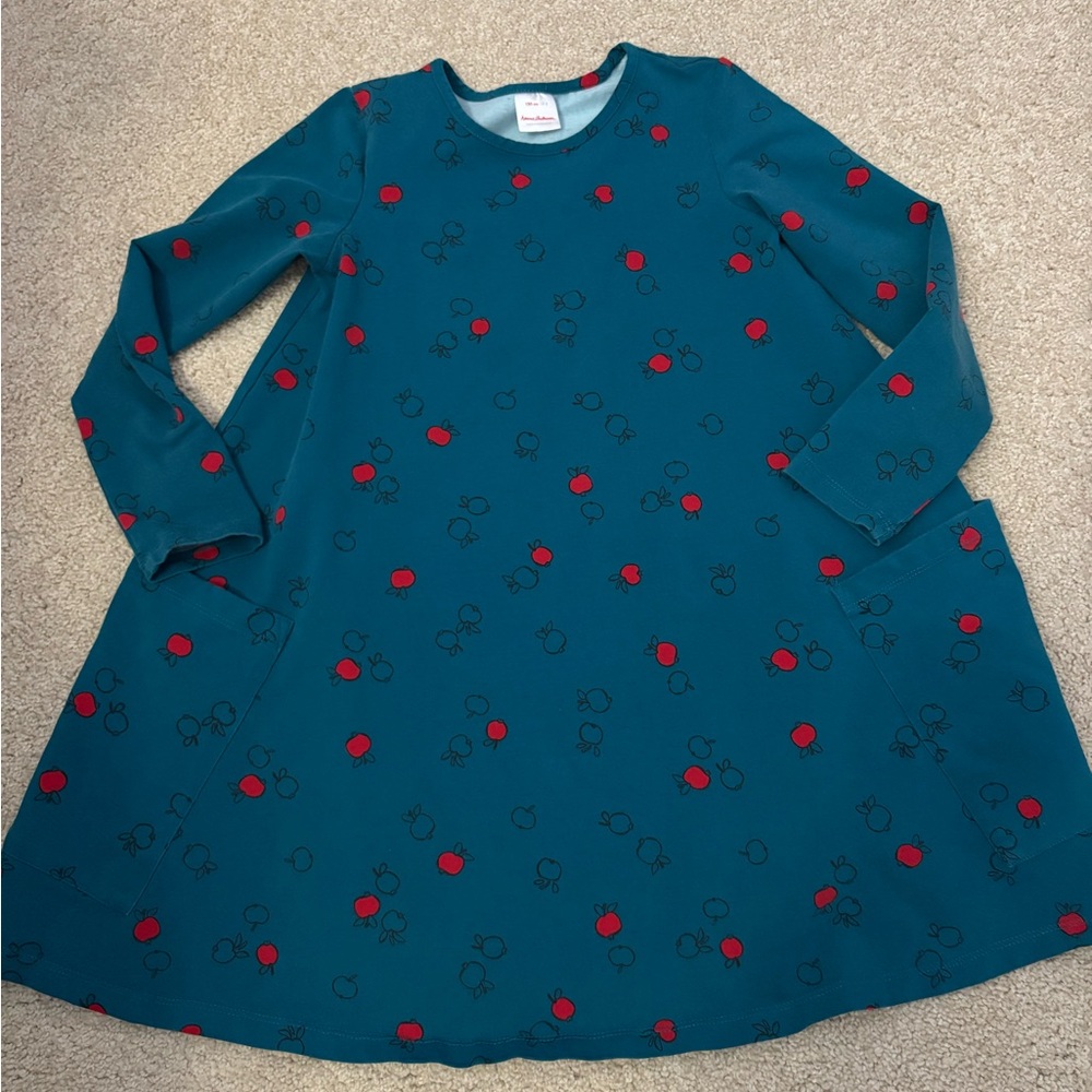 Girls Hanna Andersson teal long sleeve apple dress size 130 (8)